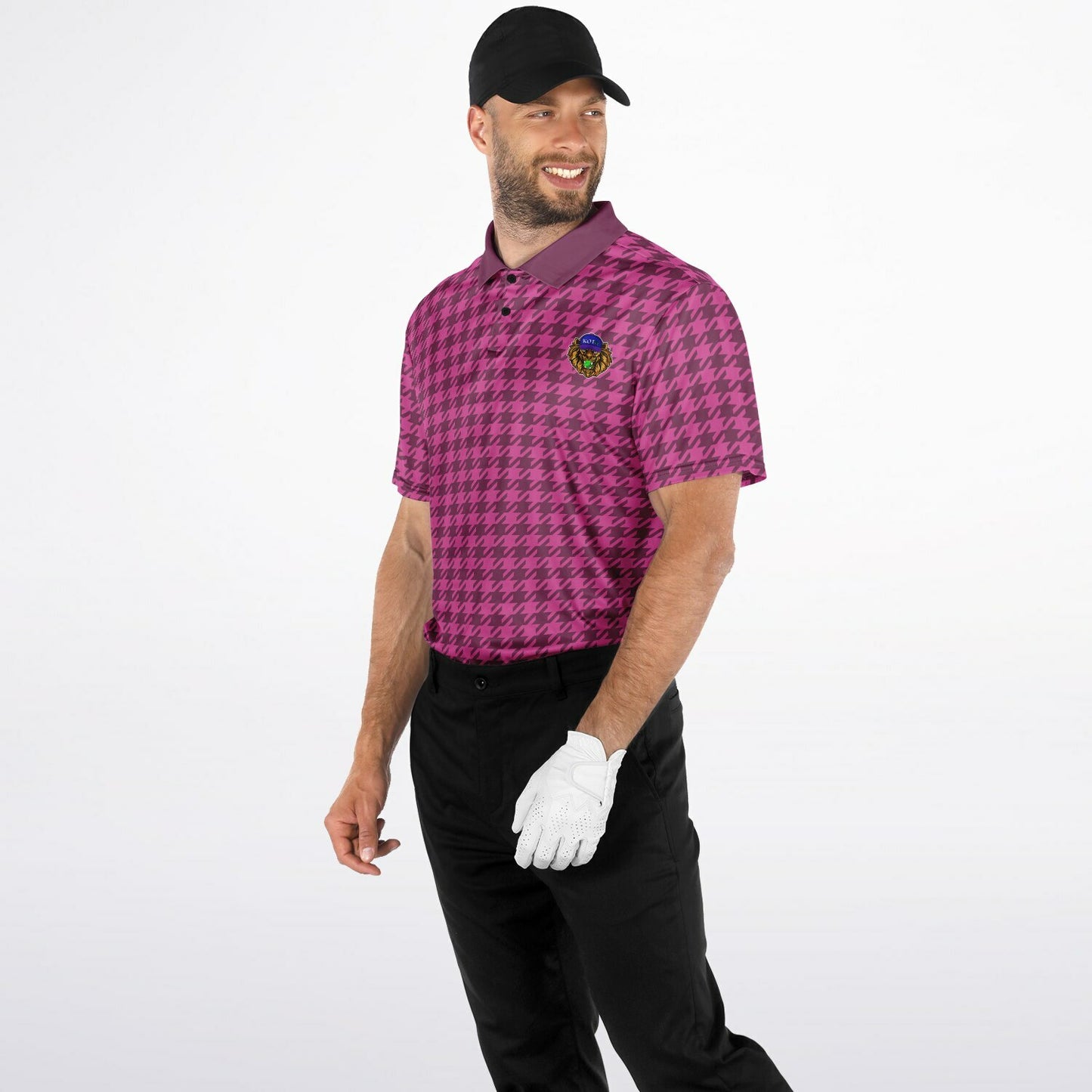 Houndstooth Pattern - Men's Polo Shirt - Burgandy wLogo