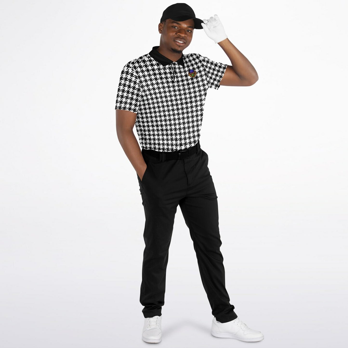 Houndstooth Pattern - Men's Polo - BlackWhite-  wLogo