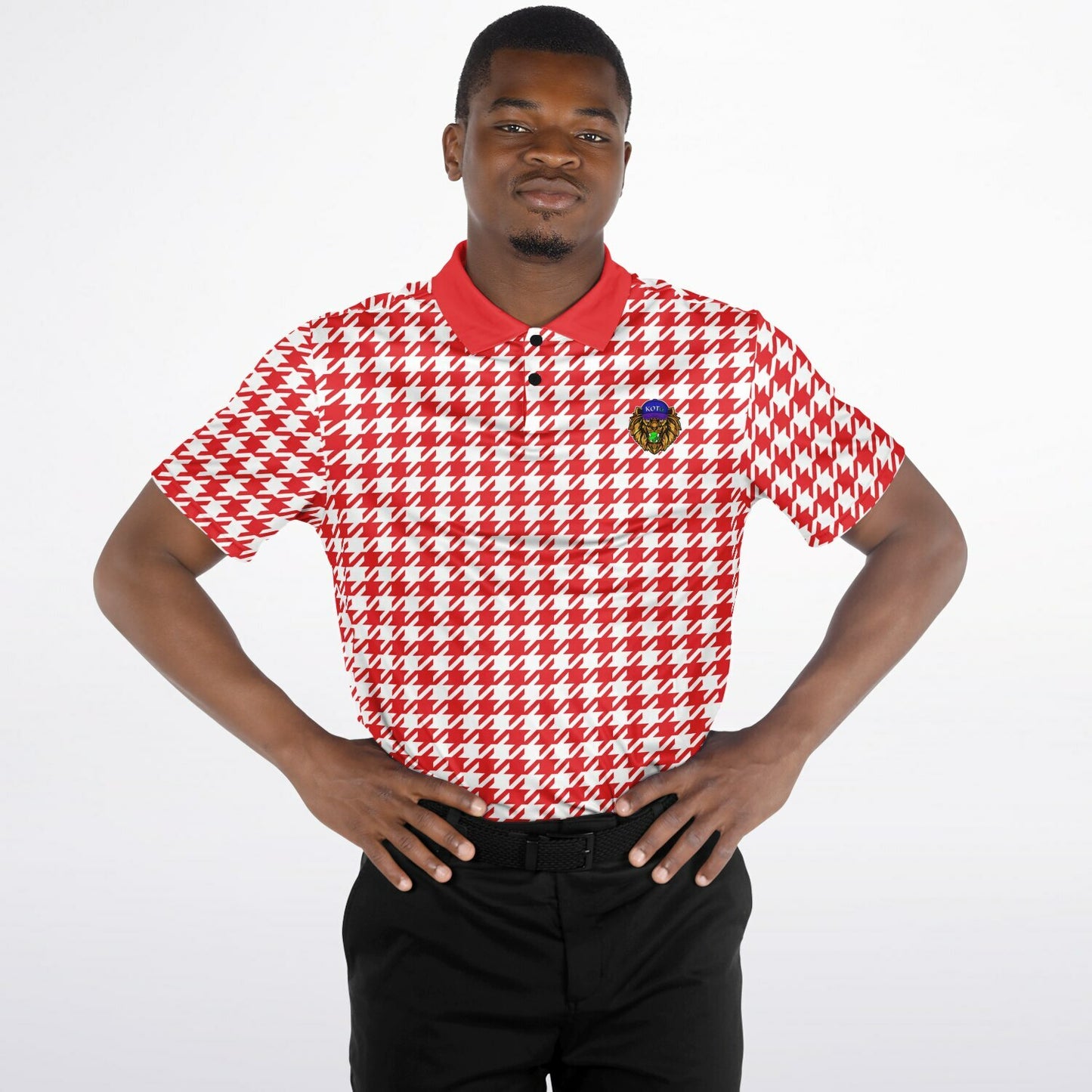 Houndstooth Pattern - Men's Polo - RedWhite-  wLogo