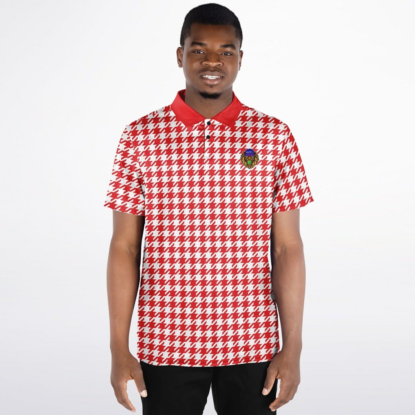 Houndstooth Pattern - Men's Polo - RedWhite-  wLogo