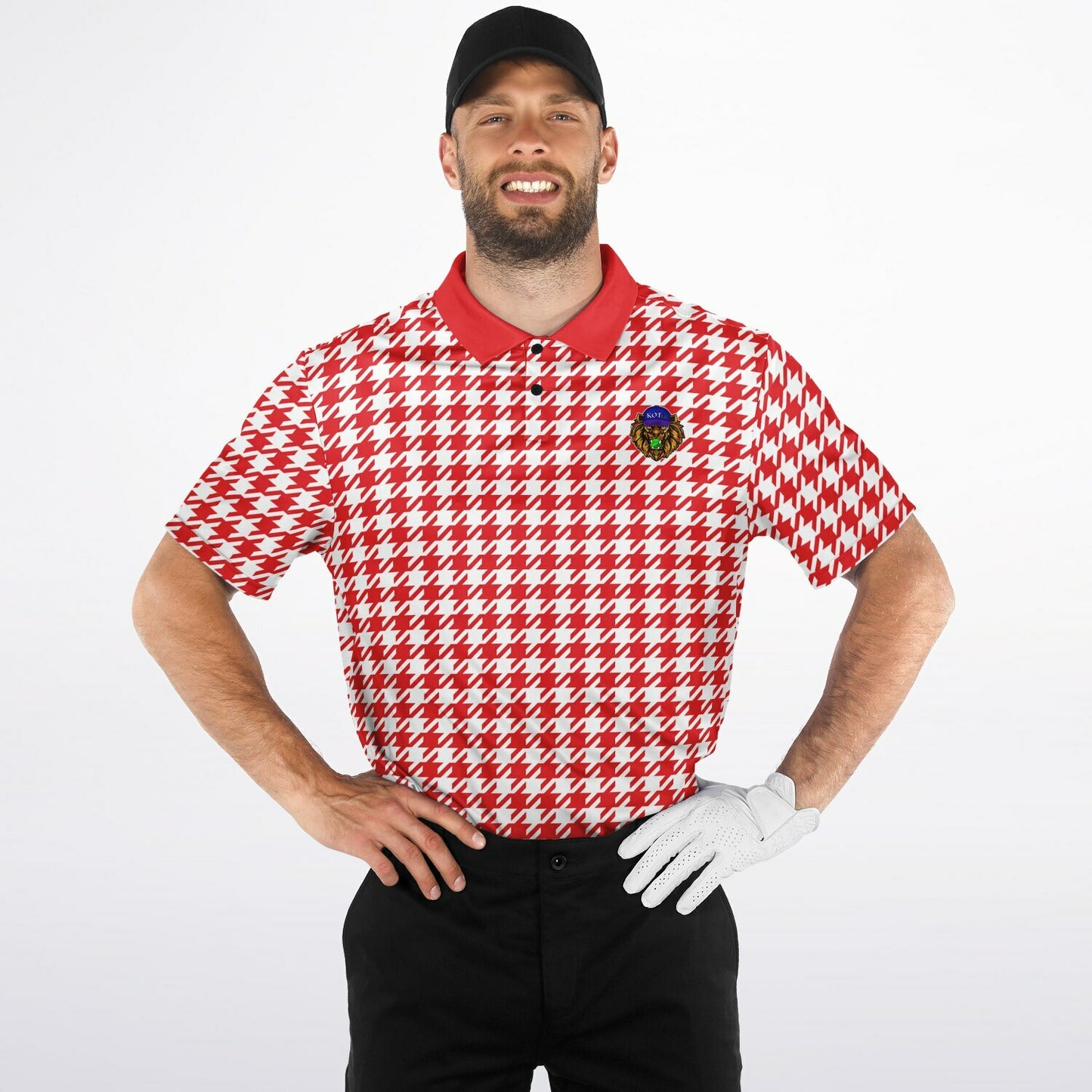 Houndstooth Pattern - Men's Polo - RedWhite-  wLogo