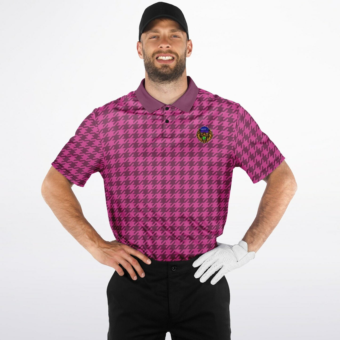 Houndstooth Pattern - Men's Polo Shirt - Burgandy wLogo