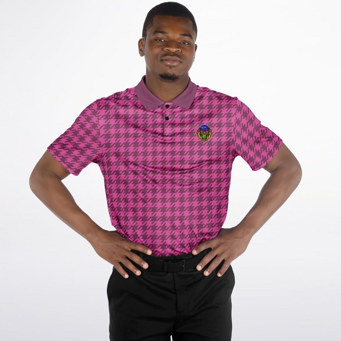 Houndstooth Pattern - Men's Polo Shirt - Burgandy wLogo